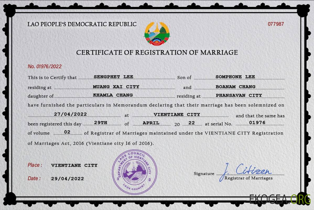 Modèle PSD de certificat de mariage au Laos